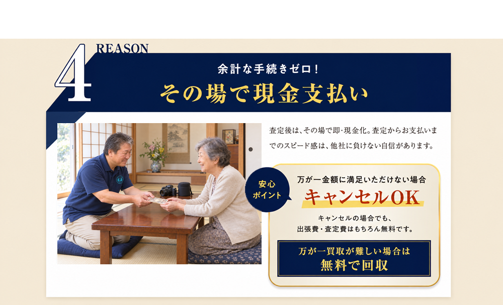 理由4：その場で現金支払い。金額にご満足いただけない場合はキャンセルOK。買取が難しい場合は無料で回収（写真：ネイビー制服のテトテスタッフがお客様に現金をお渡しする様子）