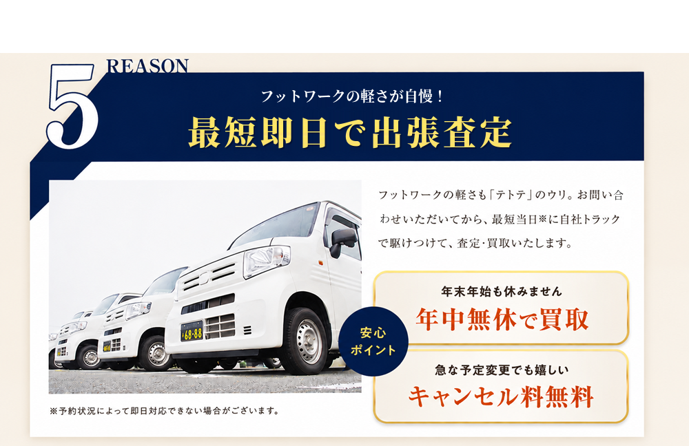 理由5：最短即日で出張査定。フットワークの軽さが自慢。お問い合わせから最短当日に自社トラックで駆けつけます。年中無休で買取、キャンセル料無料