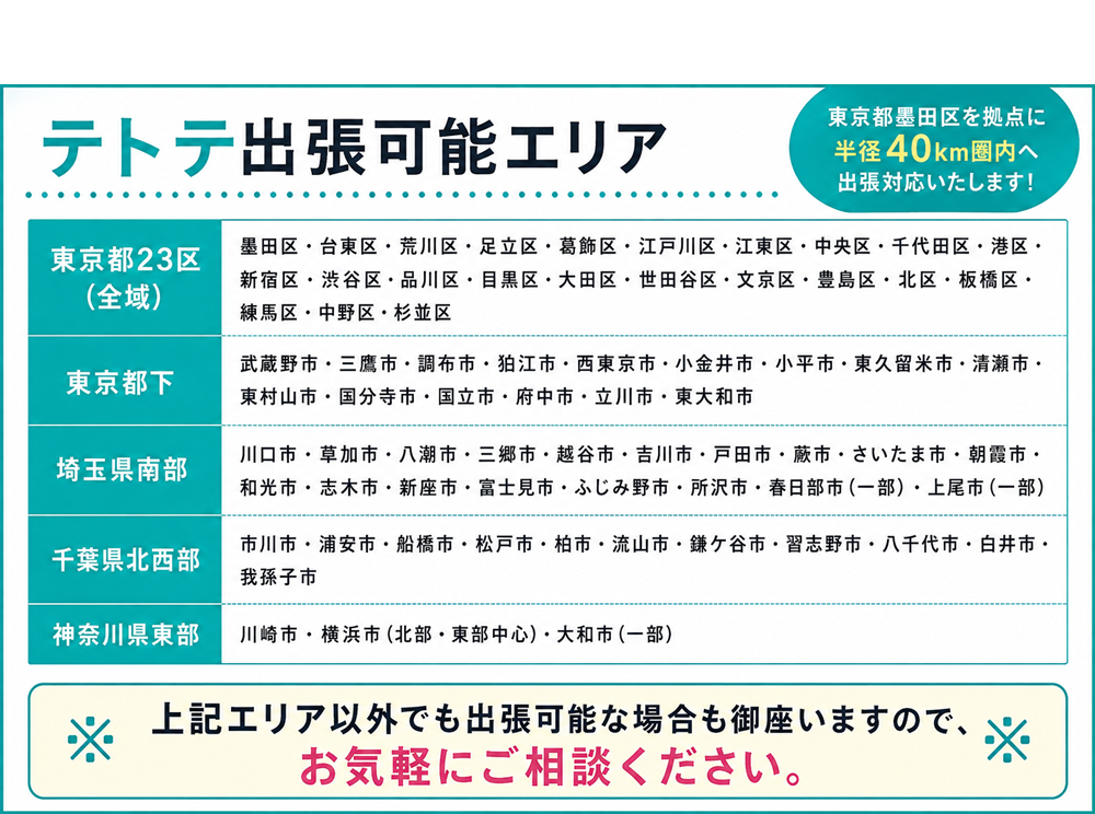 出張可能エリア一覧：東京都23区全域、東京都下、埼玉県南部、千葉県北西部、神奈川県東部