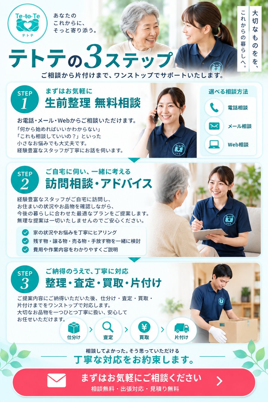テトテの3ステップ。STEP1 生前整理の無料相談（電話・メール・Web）、STEP2 ご自宅での訪問相談・アドバイス、STEP3 整理・査定・買取・片付け